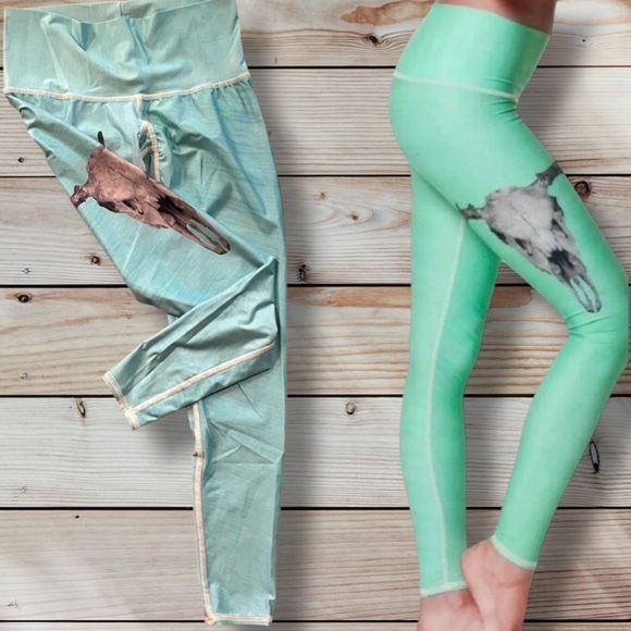 Teeki Deer Medicine Hot Pants Leggings Deer Skull Teal Green Small VGUC - Picture 4 of 11